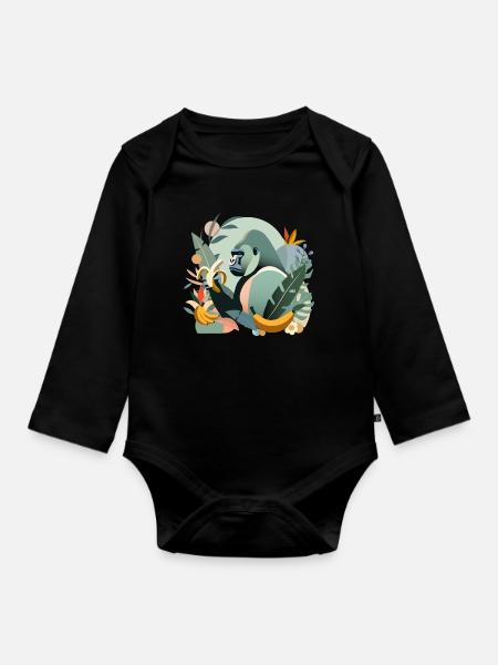 Stolzer Gorilla mit Banane in tropischer Umgebung - Baby Bio-Langarm-Body - Schwarz