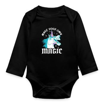 Make Your Own Magic – Crazy Unicorn Design - Organic Longsleeve Baby Bodysuit - black - Front