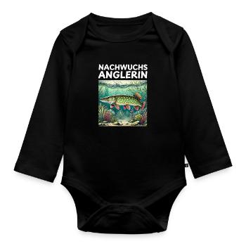 Young Angler - Pike Motif - Organic Longsleeve Baby Bodysuit - black - Front