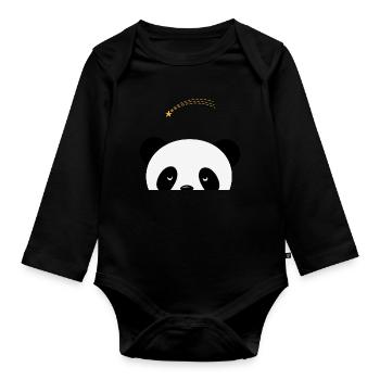 Dreaming panda with shooting star - Organic Longsleeve Baby Bodysuit - black - Front