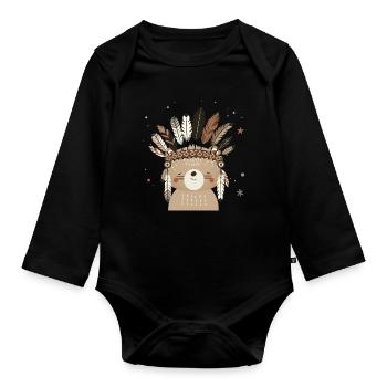Cute bear with feather headdress in boho style - Organic Longsleeve Baby Bodysuit - black - Front