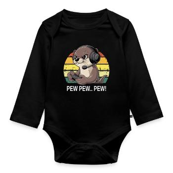 Pew Pew Gamer Otter - Baby Bio-Langarm-Body - Schwarz - Vorne