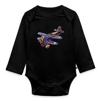 Propellerflugzeug Comic Look - Baby Bio-Langarm-Body - Schwarz - Vorne