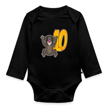 10th Birthday Motif Monkey - Ten - 10 Years - Organic Longsleeve Baby Bodysuit - black - Front
