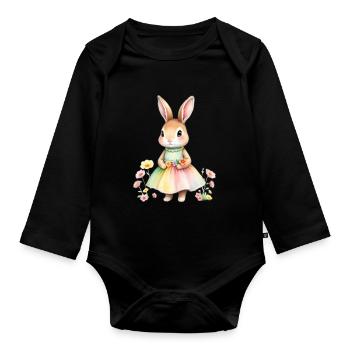 Lapin pastel en robe arc-en-ciel - Body Bébé bio manches longues - noir - Devant