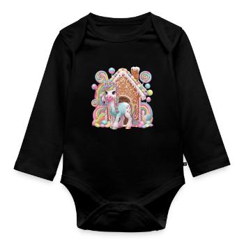 Süßigkeiten Einhorn und Lebkuchenhaus Magie - Baby Bio-Langarm-Body - Schwarz - Vorne