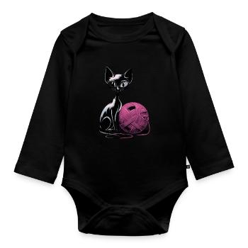Chat noir avec pelote de laine pour les amoureux des chats - Body Bébé bio manches longues - noir - Devant