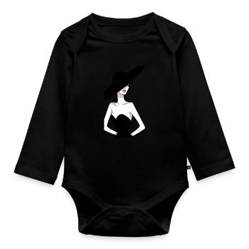 Dame élégante en robe noire avec grand chapeau - Body Bébé bio manches longues - noir - Devant