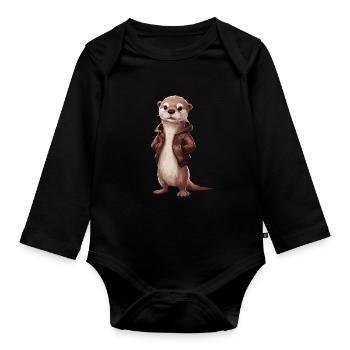 Cooler Otter Mit Lederjacke Illustrationskunst - Baby Bio-Langarm-Body - Schwarz - Vorne