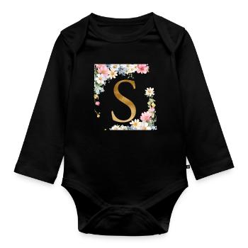 S Monogramm, Floral, personalisierbar - Baby Bio-Langarm-Body - Schwarz - Vorne