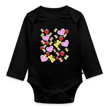 Rétro Été Années 80 Années 90 Coeurs Fraises Insectes - Body Bébé bio manches longues - noir - Devant
