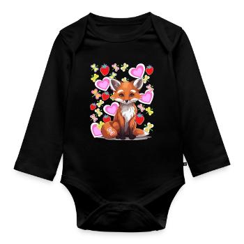 Renard Fox Coeur Fraises d’été Enfants Années 80 - Body Bébé bio manches longues - noir - Devant