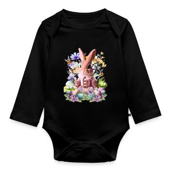 Pink pastel bunny in a sea of flowers - Organic Longsleeve Baby Bodysuit - black - Front
