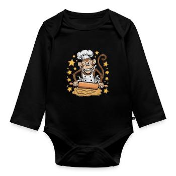 Lustiger Affenbäcker Mit Teigrolle Und Sternen - Baby Bio-Langarm-Body - Schwarz - Vorne