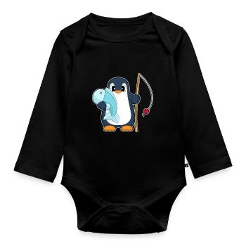 Pingouin Pêcheur Poisson Pêche - Body Bébé bio manches longues - noir - Devant