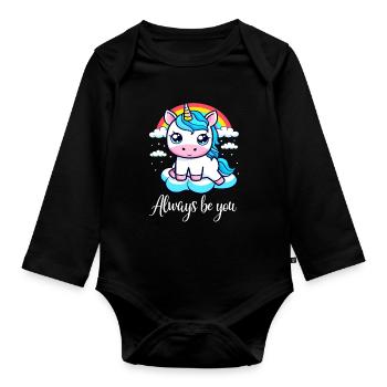 Cute Unicorn with Rainbow - Always Be You - Organic Longsleeve Baby Bodysuit - black - Front