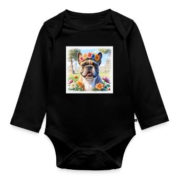 Frühling Französische Bulldogge mit Blumenkranz - Baby Bio-Langarm-Body - Schwarz - Vorne