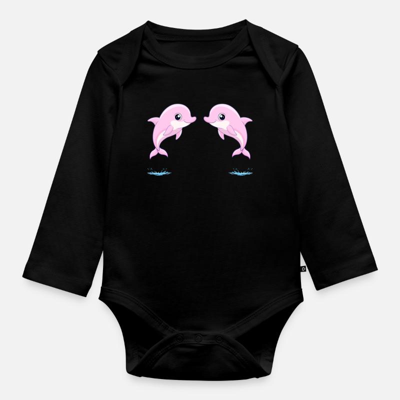 Deux bébés dauphins jumeaux rose, sautant joyeusem - Body Bébé bio manches longues - noir