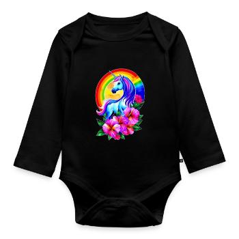 Magical rainbow unicorn with flowers - Organic Longsleeve Baby Bodysuit - black - Front