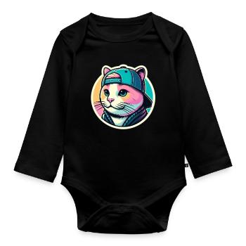 Cat with cap in pastel - Organic Longsleeve Baby Bodysuit - black - Front