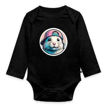 Hamster with cap in pastel - Organic Longsleeve Baby Bodysuit - black - Front