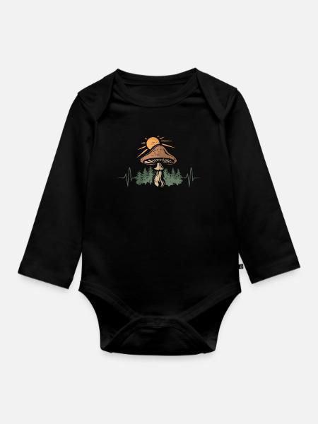 Pilz in Natur mit Herzschlag - Outdoor und Wald - Baby Bio-Langarm-Body - Schwarz