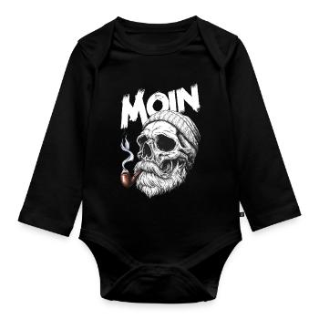 Moin Skull Totenkopf Pfeife Hamburg Plattdeutsch - Baby Bio-Langarm-Body - Schwarz - Vorne