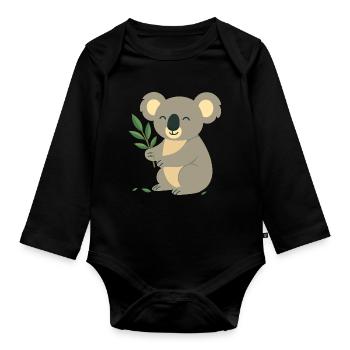 Smiling koala with eucalyptus - Organic Longsleeve Baby Bodysuit - black - Front