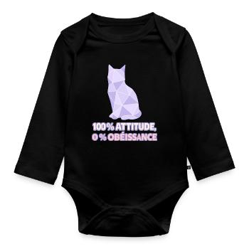 100% Attitude, 0% Obéissance – Chat géométrique - Body Bébé bio manches longues - noir - Devant