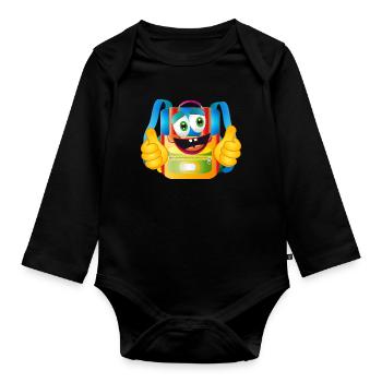 Lustiger Comic-Schulranzen mit Daumen hoch - Baby Bio-Langarm-Body - Schwarz - Vorne