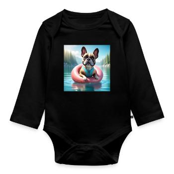 Playful French Bulldog on Water Ring - Organic Longsleeve Baby Bodysuit - black - Front