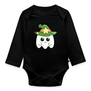 Cute ghost for Halloween dressed as a witch - Organic Longsleeve Baby Bodysuit - black - Front