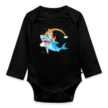 Corgi Riding Shark – Funny Surreal Dog Design - Organic Longsleeve Baby Bodysuit - black - Front