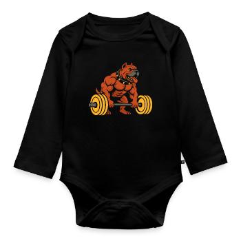 Muscular Bulldog Weightlifting Design - Organic Longsleeve Baby Bodysuit - black - Front