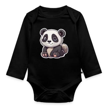 Cute panda with big eyes - Organic Longsleeve Baby Bodysuit - black - Front