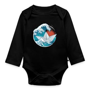 Papierboot im Origami-Stil - Baby Bio-Langarm-Body - Schwarz - Vorne