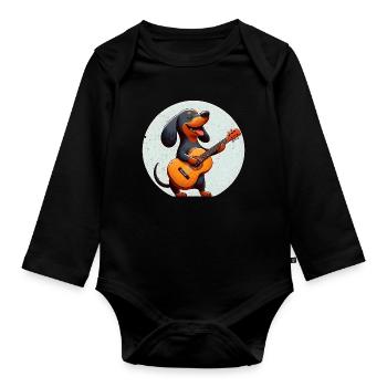 Cheerful Dog with Guitar Dachshund - Organic Longsleeve Baby Bodysuit - black - Front