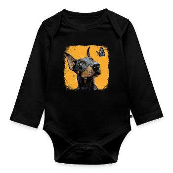 Funny Doberman and Butterfly on Orange - Organic Longsleeve Baby Bodysuit - black - Front