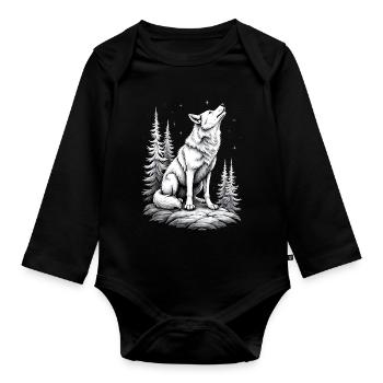 Wolf Drawing Sketch Illustration Black White - Organic Longsleeve Baby Bodysuit - black - Front