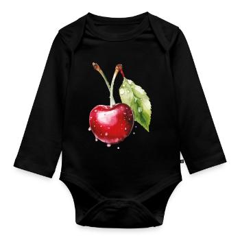 Cerise fruitée avec gouttelettes d’eau - Body Bébé bio manches longues - noir - Devant