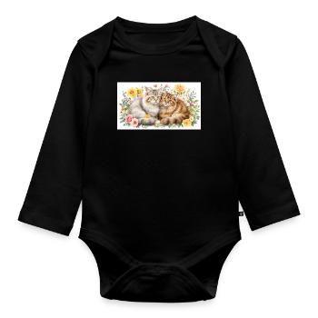 Chats pastel en floraison printanière - Body Bébé bio manches longues - noir - Devant