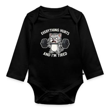 Angry Cat Lifting Barbell Illustration - Organic Longsleeve Baby Bodysuit - black - Front