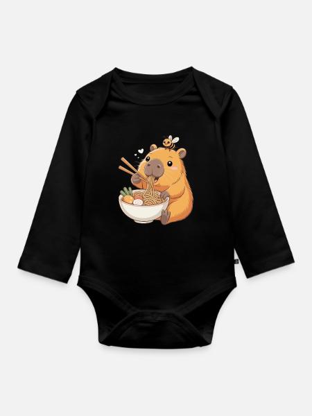 Capybara Ramen Kawaii Anime Nudel Japan - Baby Bio-Langarm-Body - Schwarz
