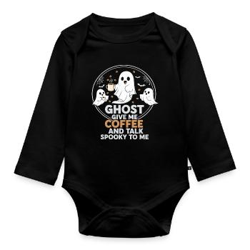 Spooky Ghost with Coffee and Chat Design - Organic Longsleeve Baby Bodysuit - black - Front