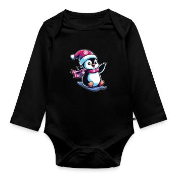 Penguin Christmas Skiing Running Penguins - Organic Longsleeve Baby Bodysuit - black - Front