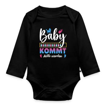 Soon Mom BABY COMING PLEASE WAIT Funny - Organic Longsleeve Baby Bodysuit - black - Front