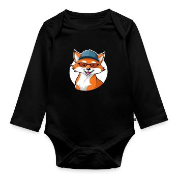 witziger Fuchs mit Brille und Cap - Baby Bio-Langarm-Body - Schwarz - Vorne