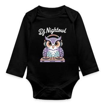 DJ Nightowl owl with headphones at the mixer - Organic Longsleeve Baby Bodysuit - black - Front