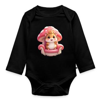 Mignon hamster avec couronne sur le trône champignon - Body Bébé bio manches longues - noir - Devant
