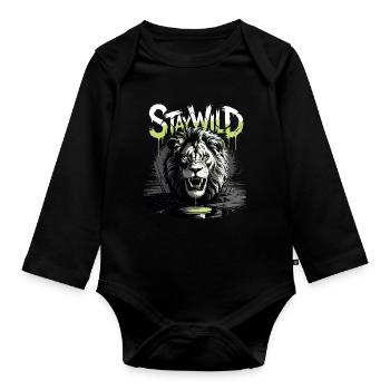 Stay Wild Spruch mit Löwe / Löwenkopf - Baby Bio-Langarm-Body - Schwarz - Vorne